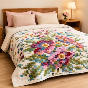 May include: A bed quilt featuring a pixelated floral pattern composed of small square fabric patches in shades of pink, magenta, yellow, green, and blue on a white background, paired with two light pink pillows and two beige pillows.