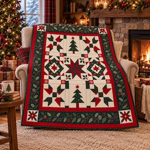 Peut inclure: Une courtepointe rectangulaire présentant un centre crème avec des motifs géométriques d'étoiles et de sapins de Noël rouges et verts. Elle est encadrée par une large bordure rouge et une bordure vert foncé ornée de houx et de baies.