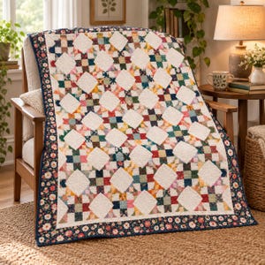 May include: A quilt featuring a repeating pattern of white diamond-shaped blocks alternating with multi-colored patchwork squares. The quilt is finished with a dark blue border decorated with a vibrant floral print of small red and white flowers.