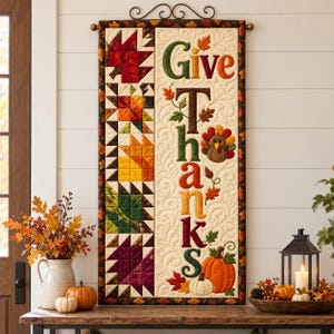 Op de afbeelding: Een verticale gewatteerde wandhanger met de tekst Give Thanks in kleurrijke stoffen letters. Het ontwerp bevat een kolom van patchwork herfstbladeren in rood, oranje, geel, groen en paars, naast een kalkoen- en pompoenapplicatie.