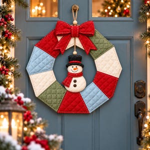 Christmas Snowman Wreath Sewing Pattern PDF, Quilted Patchwork Wreath, Winter Door Decor, Fabric Bow Pattern