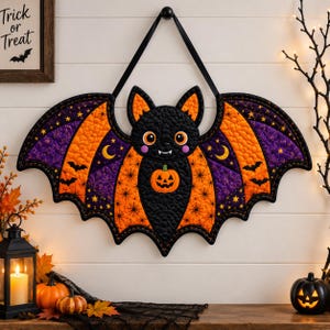 Peut inclure: Une décoration murale matelassée en forme de chauve-souris avec du tissu noir, orange et violet. La chauve-souris présente une citrouille orange centrale, des croissants de lune jaunes et de petites silhouettes de chauves-souris noires.