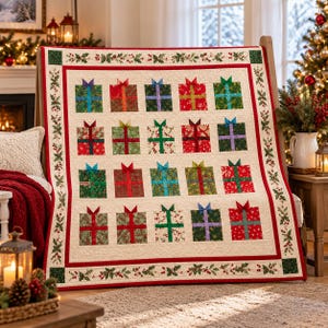 May include: A cream-colored quilt featuring a repeating grid of twenty square blocks, each displaying a colorful gift box with a bow. The quilt is framed by a red border and a wide outer border decorated with green holly leaves and red berries.