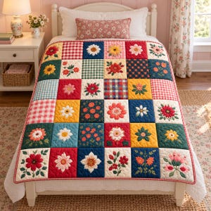 Puede incluir: Una colcha de patchwork con una cuadrícula de cuadrados con varios patrones florales, colores sólidos y cuadros vichy en rojo, amarillo, azul, verde y blanco. La colcha está sobre una cama con una almohada blanca y un cojín floral rectangular.