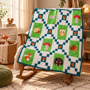 Puede incluir: Una colcha de patchwork con un patrón repetitivo de bloques rectangulares verdes y cuadrados blancos conectados por tiras de color verde azulado. Los bloques verdes muestran motivos forestales aplicados que incluyen un zorro, un búho, un erizo, un ratón y varias setas y bellotas.