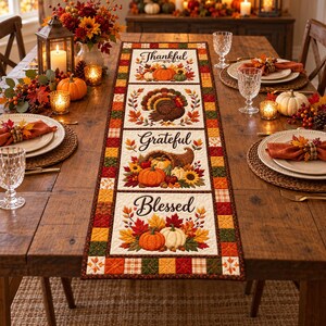 Thanksgiving Table Runner Quilt Pattern, Autumn Applique PDF, Turkey Pumpkin Cornucopia Sewing Pattern