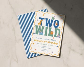 Two Wild 2nd Birthday Invitation Template | Wild Animal Second Birthday Invite | Safari Zoo Birthday Party | Editable Canva Invitation