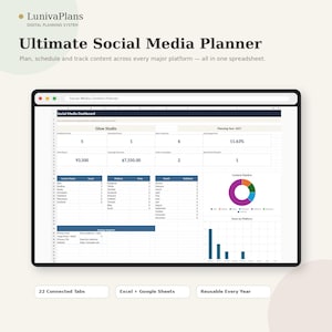 以下が含まれることがあります： LunivaPlansによる「Ultimate Social Media Planner」というタイトルのデジタルソーシャルメディアプランナースプレッドシート。ダッシュボードには、公開された投稿、エンゲージメント、収益などの指標が表示され、円グラフや棒グラフが含まれています。
