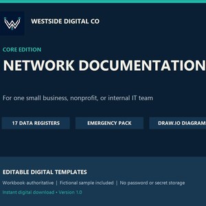 May include: A dark blue digital product graphic titled Westside Digital Co Core Edition Network Documentation Kit. It lists features including 17 Data Registers, Emergency Pack, Draw.io Diagrams, Quarterly Audit, and Editable Digital Templates.