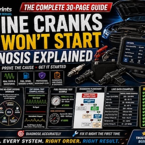 Könnte beinhalten: Ein 30-seitiger digitaler Leitfaden mit dem Titel Engine Cranks But Won't Start Diagnosis Explained, der technische Diagramme, Diagnose-Flussdiagramme, Live-Datenbeispiele und Kraftstoffdruckanzeigen für die Kfz-Fehlersuche enthält.
