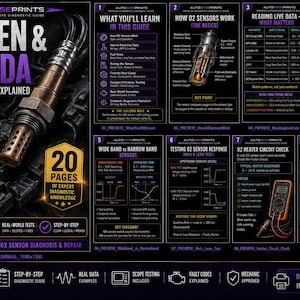 May include: A 20-page automotive diagnostic guide titled Oxygen & Lambda Sensor Problems Explained. The guide features technical diagrams, charts, and text detailing O2 sensor operation, live data analysis, testing procedures, and fault code explanations.