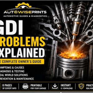 May include: A digital guide titled GDI PROBLEMS EXPLAINED THE COMPLETE OWNER'S GUIDE by AUTOWISEPRINTS. It features a graphic of a fuel injector spraying into a combustion chamber, with text listing symptoms, causes, diagnosis, and maintenance.