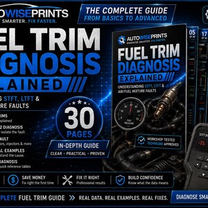 May include: A 30-page instructional guide titled Fuel Trim Diagnosis Explained, featuring text about understanding STFT, LTFT, and air/fuel mixture faults. The cover displays a fuel pressure gauge, a sensor, and a diagnostic scan tool screen.