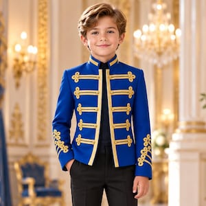 Op de afbeelding: Een koningsblauw jasje in militaire stijl met gouden vlechtwerk, een hoge kraag en gouden decoratieve knopen, gecombineerd met een zwarte broek en zwarte nette schoenen. Het jasje heeft lange mouwen met gouden borduursels bij de manchetten.