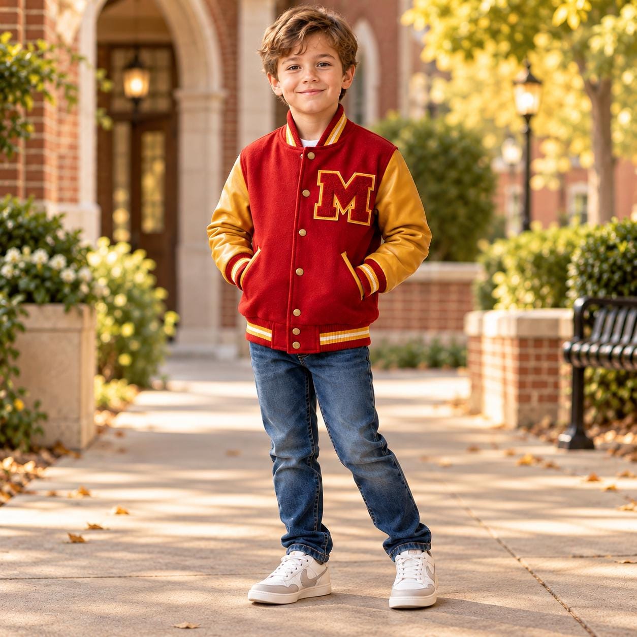 Kids Michael Jackson Thriller Letterman Jacket Boys Red Wool Yellow Leather Varsity Jacket Thriller Cosplay Costume Outfit