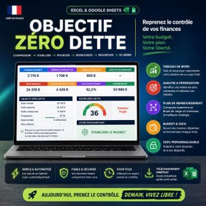 Peut inclure: Un écran d'ordinateur affichant un tableau de bord financier intitulé OBJECTIF ZÉRO DETTE. L'interface présente des tableaux avec des données en euros, une jauge de score de dette et du texte en français. Des icônes et textes détaillent le suivi budgétaire.
