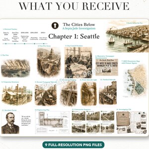K&ouml;nnte beinhalten: Ein digitales Informationsblatt mit dem Titel The Cities Below: A Sepia Jade Investigation, Chapter 1: Seattle. Es enth&auml;lt eine historische Zeitleiste, historische Illustrationen von Seattle, Zeitungsausschnitte, Pl&auml;ne und ein Portr&auml;t.