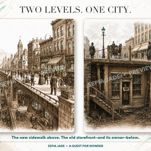 K&ouml;nnte beinhalten: Eine sepiafarbene Illustration mit dem Titel TWO LEVELS. ONE CITY. zeigt zwei Ansichten einer historischen Stadtstra&szlig;e. Links ist ein belebter erh&ouml;hter Gehweg zu sehen, rechts ein Ladenlokal darunter. Text: The new sidewalk above. The old storefront-and its owner-below. SEPIA JADE &bull; A QUEST FOR WONDER.