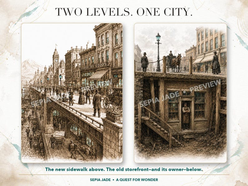 K&ouml;nnte beinhalten: Eine sepiafarbene Illustration mit dem Titel TWO LEVELS. ONE CITY. zeigt zwei Ansichten einer historischen Stadtstra&szlig;e. Links ist ein belebter erh&ouml;hter Gehweg zu sehen, rechts ein Ladenlokal darunter. Text: The new sidewalk above. The old storefront-and its owner-below. SEPIA JADE &bull; A QUEST FOR WONDER.