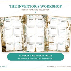 Puede incluir: Tres p&aacute;ginas de planificador semanal de la colecci&oacute;n The Inventor's Workshop con un fondo de ilustraciones cient&iacute;ficas vintage. Cada p&aacute;gina incluye casillas etiquetadas de lunes a domingo y una secci&oacute;n de notas. Texto: 13 WEEKLY PLANNERS.