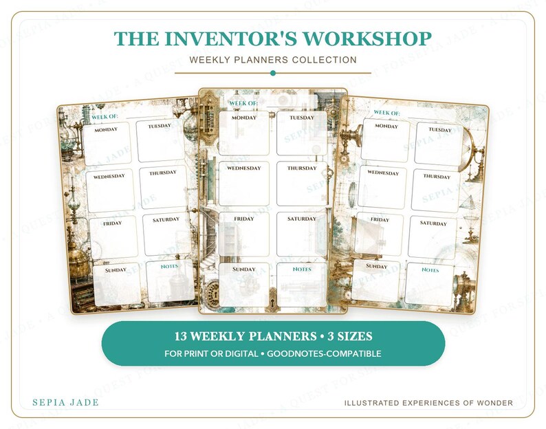 Puede incluir: Tres p&aacute;ginas de planificador semanal de la colecci&oacute;n The Inventor's Workshop con un fondo de ilustraciones cient&iacute;ficas vintage. Cada p&aacute;gina incluye casillas etiquetadas de lunes a domingo y una secci&oacute;n de notas. Texto: 13 WEEKLY PLANNERS.