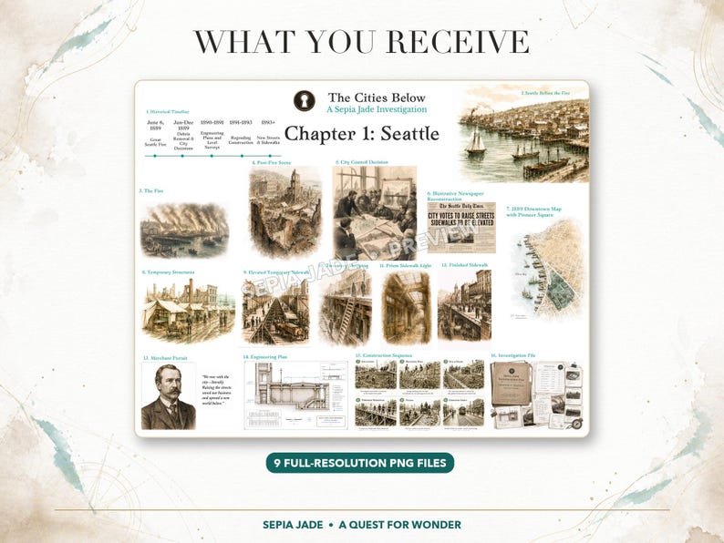 K&ouml;nnte beinhalten: Ein digitales Informationsblatt mit dem Titel The Cities Below: A Sepia Jade Investigation, Chapter 1: Seattle. Es enth&auml;lt eine historische Zeitleiste, historische Illustrationen von Seattle, Zeitungsausschnitte, Pl&auml;ne und ein Portr&auml;t.