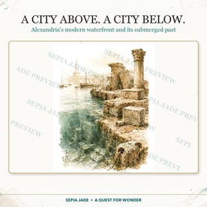May include: A sepia-toned illustration titled A CITY ABOVE. A CITY BELOW. Alexandria's modern waterfront and its submerged past. The artwork depicts ancient stone ruins and a tall column along a shoreline with a harbour and ships in the distance.