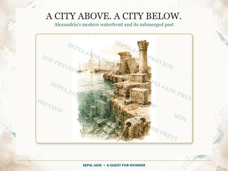 May include: A sepia-toned illustration titled A CITY ABOVE. A CITY BELOW. Alexandria's modern waterfront and its submerged past. The artwork depicts ancient stone ruins and a tall column along a shoreline with a harbour and ships in the distance.