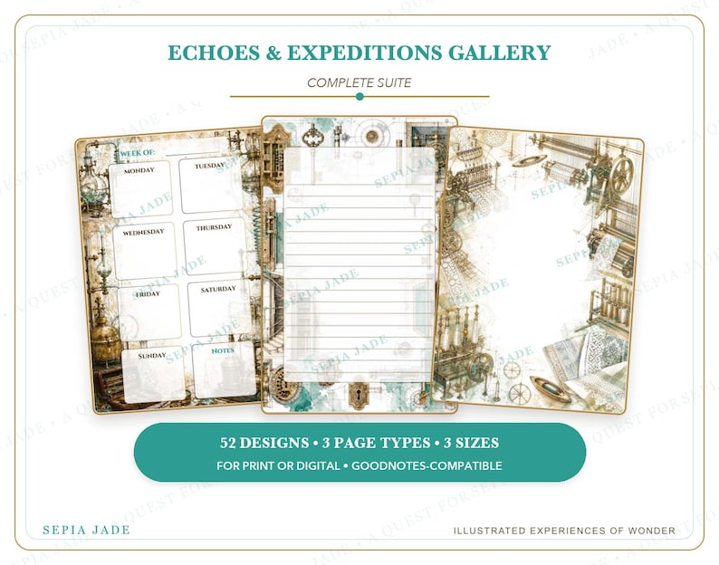 May include: A digital stationery set titled ECHOES & EXPEDITIONS GALLERY featuring three page layouts with vintage mechanical illustrations, including a weekly planner, a lined page, and a decorative border page, with 52 designs in 3 sizes.