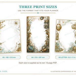 Pu&ograve; includere: Tre pagine di agenda stampabili rettangolari con illustrazioni nautiche e steampunk in toni seppia e verde acqua. Il testo include THREE PRINT SIZES, A5 148 x 210 mm, A4 210 x 297 mm, US LETTER 8.5 x 11 in e Each size is supplied as its own 13-page PDF.