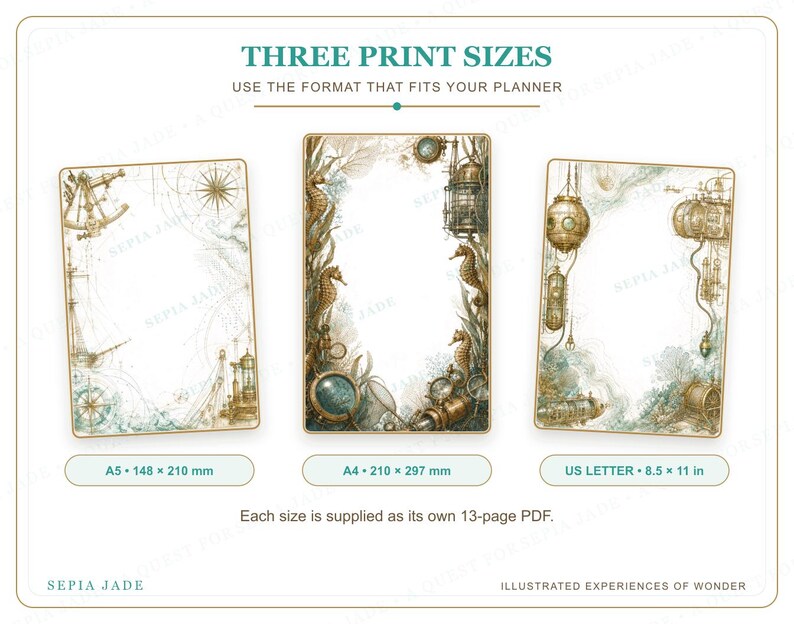 Pu&ograve; includere: Tre pagine di agenda stampabili rettangolari con illustrazioni nautiche e steampunk in toni seppia e verde acqua. Il testo include THREE PRINT SIZES, A5 148 x 210 mm, A4 210 x 297 mm, US LETTER 8.5 x 11 in e Each size is supplied as its own 13-page PDF.
