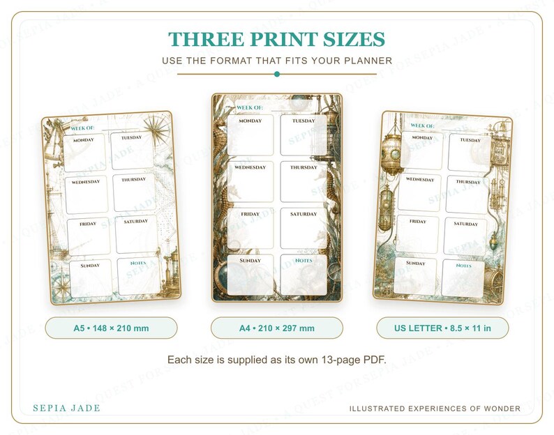 May include: Three weekly planner printables in A5 (148 x 210 mm), A4 (210 x 297 mm), and US Letter (8.5 x 11 in) sizes. Each page features a grid for days of the week with vintage nautical illustrations, including compasses and sea life.