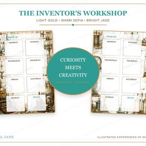 Puede incluir: Un conjunto de planificadores semanales titulado THE INVENTOR'S WORKSHOP con un fondo en tono sepia e ilustraciones de equipos cient&iacute;ficos. El dise&ntilde;o incluye casillas diarias de lunes a domingo, una secci&oacute;n de notas y un c&iacute;rculo central color jade con el texto CURIOSITY MEETS CREATIVITY.