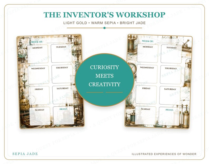 Puede incluir: Un conjunto de planificadores semanales titulado THE INVENTOR'S WORKSHOP con un fondo en tono sepia e ilustraciones de equipos cient&iacute;ficos. El dise&ntilde;o incluye casillas diarias de lunes a domingo, una secci&oacute;n de notas y un c&iacute;rculo central color jade con el texto CURIOSITY MEETS CREATIVITY.