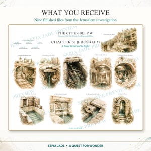 May include: A digital collection of nine sepia-toned illustrations titled The Cities Below: Chapter 5: Jerusalem. The artwork depicts various underground stone structures, archways, and ancient ruins with detailed shading and historical architectural motifs.
