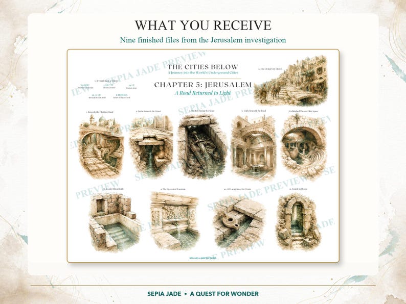 May include: A digital collection of nine sepia-toned illustrations titled The Cities Below: Chapter 5: Jerusalem. The artwork depicts various underground stone structures, archways, and ancient ruins with detailed shading and historical architectural motifs.
