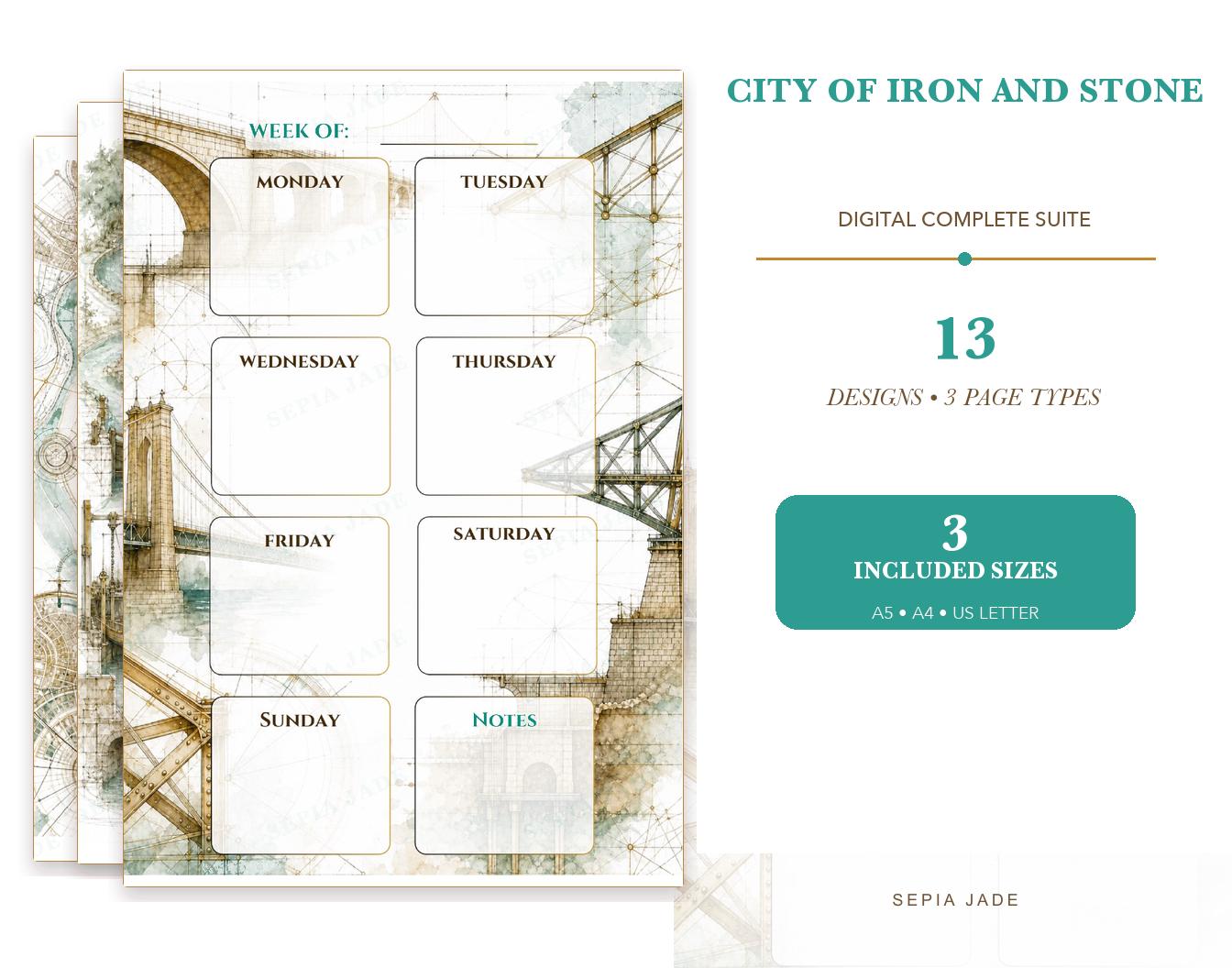 Digitale planner voor Goodnotes, dagboek en achtergrondsuite — 13 ontwerpen | City of Iron and Stone afbeelding 1