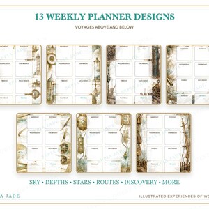 May include: A collection of 13 weekly planner designs titled 13 WEEKLY PLANNER DESIGNS VOYAGES ABOVE AND BELOW. The layout features seven square planner pages with white grid boxes for days of the week, decorated with sepia-toned nautical and celestial illustrations. The bottom text reads SKY DEPTHS STARS ROUTES DISCOVERY MORE and SEPIA JADE ILLUSTRATED EXPERIENCES OF WONDER.