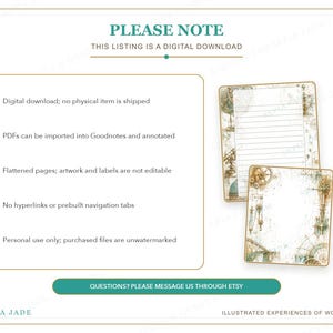 May include: A digital download information sheet featuring two stationery pages with vintage nautical and scientific illustrations. The text includes PLEASE NOTE, THIS LISTING IS A DIGITAL DOWNLOAD, and details about PDF usage, flattened pages, and personal use.