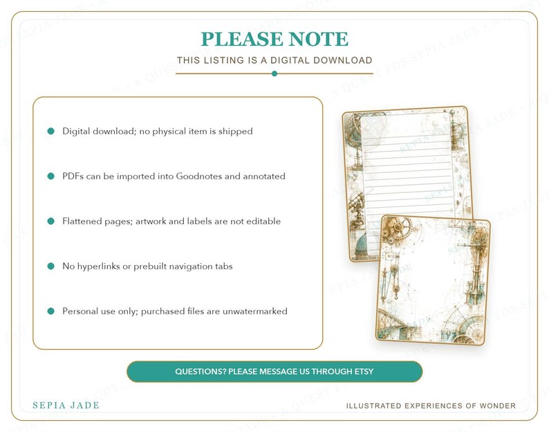 May include: A digital download information sheet featuring two stationery pages with vintage nautical and scientific illustrations. The text includes PLEASE NOTE, THIS LISTING IS A DIGITAL DOWNLOAD, and details about PDF usage, flattened pages, and personal use.