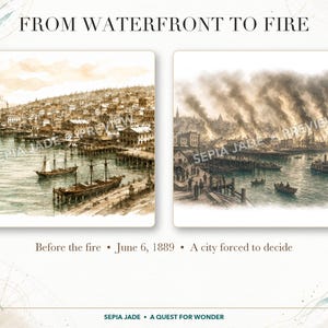 K&ouml;nnte beinhalten: Ein historischer Druck mit dem Titel FROM WATERFRONT TO FIRE, der zwei Illustrationen nebeneinander zeigt. Links ist ein belebter Hafen einer Stadt im Jahr 1889 mit Segelschiffen zu sehen, rechts die gleiche Stadt in Rauch und Flammen.