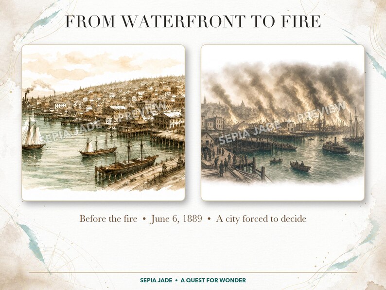 K&ouml;nnte beinhalten: Ein historischer Druck mit dem Titel FROM WATERFRONT TO FIRE, der zwei Illustrationen nebeneinander zeigt. Links ist ein belebter Hafen einer Stadt im Jahr 1889 mit Segelschiffen zu sehen, rechts die gleiche Stadt in Rauch und Flammen.