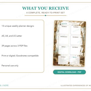 May include: A digital weekly planner set featuring 13 designs, A5, A4, and US Letter sizes, 39 pages in 3 PDF files, compatible with Goodnotes. The planner displays a nautical theme with ship rigging and a weekly schedule for Monday to Sunday.