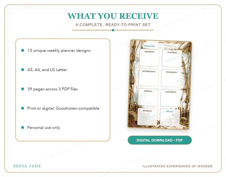 May include: A digital weekly planner set featuring 13 designs, A5, A4, and US Letter sizes, 39 pages in 3 PDF files, compatible with Goodnotes. The planner displays a nautical theme with ship rigging and a weekly schedule for Monday to Sunday.