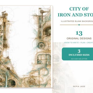 May include: A digital illustration titled City of Iron and Stone featuring 13 original designs with sepia and jade tones. The artwork depicts architectural structures, tunnels, and mechanical elements. Text includes 3 included sizes A5, A4, US Letter.
