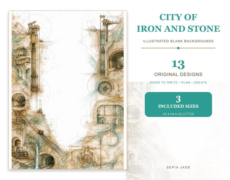 May include: A digital illustration titled City of Iron and Stone featuring 13 original designs with sepia and jade tones. The artwork depicts architectural structures, tunnels, and mechanical elements. Text includes 3 included sizes A5, A4, US Letter.