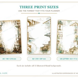 May include: Three rectangular paper sheets with illustrated borders in A5 (148 x 210 mm), A4 (210 x 297 mm), and US Letter (8.5 x 11 in) sizes. The designs feature scientific equipment, bridge architecture, and building blueprints in sepia tones.