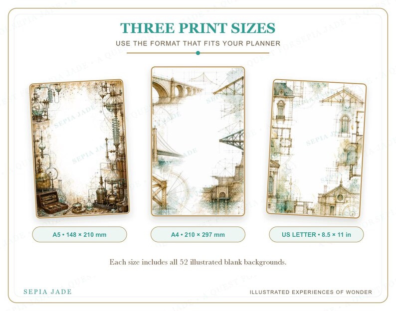 May include: Three rectangular paper sheets with illustrated borders in A5 (148 x 210 mm), A4 (210 x 297 mm), and US Letter (8.5 x 11 in) sizes. The designs feature scientific equipment, bridge architecture, and building blueprints in sepia tones.