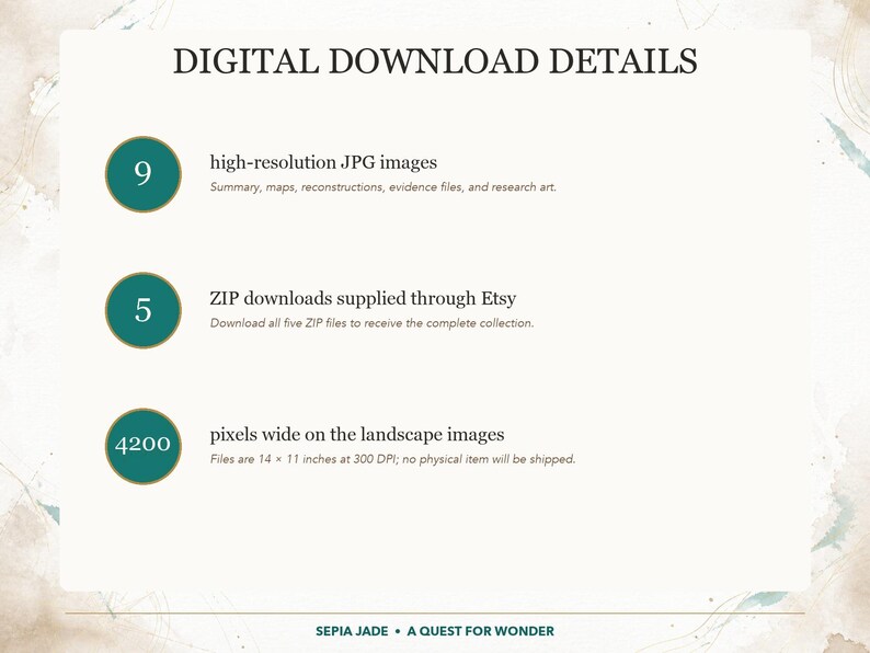 May include: A digital download information graphic with the title DIGITAL DOWNLOAD DETAILS. It lists 9 high-resolution JPG images, 5 ZIP downloads supplied through Etsy, and 4200 pixels wide on the landscape images, which are 14 x 11 inches at 300 DPI.