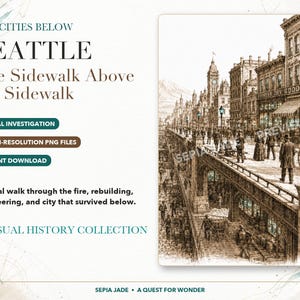 K&ouml;nnte beinhalten: Eine digitale Sammlung mit dem Titel The Cities Below Seattle The Sidewalk Above the Sidewalk, die eine historische Illustration in Sepia von einer mehrst&ouml;ckigen Stadtstra&szlig;e mit Fu&szlig;g&auml;ngern, Pferdekutschen und Backsteingeb&auml;uden zeigt.